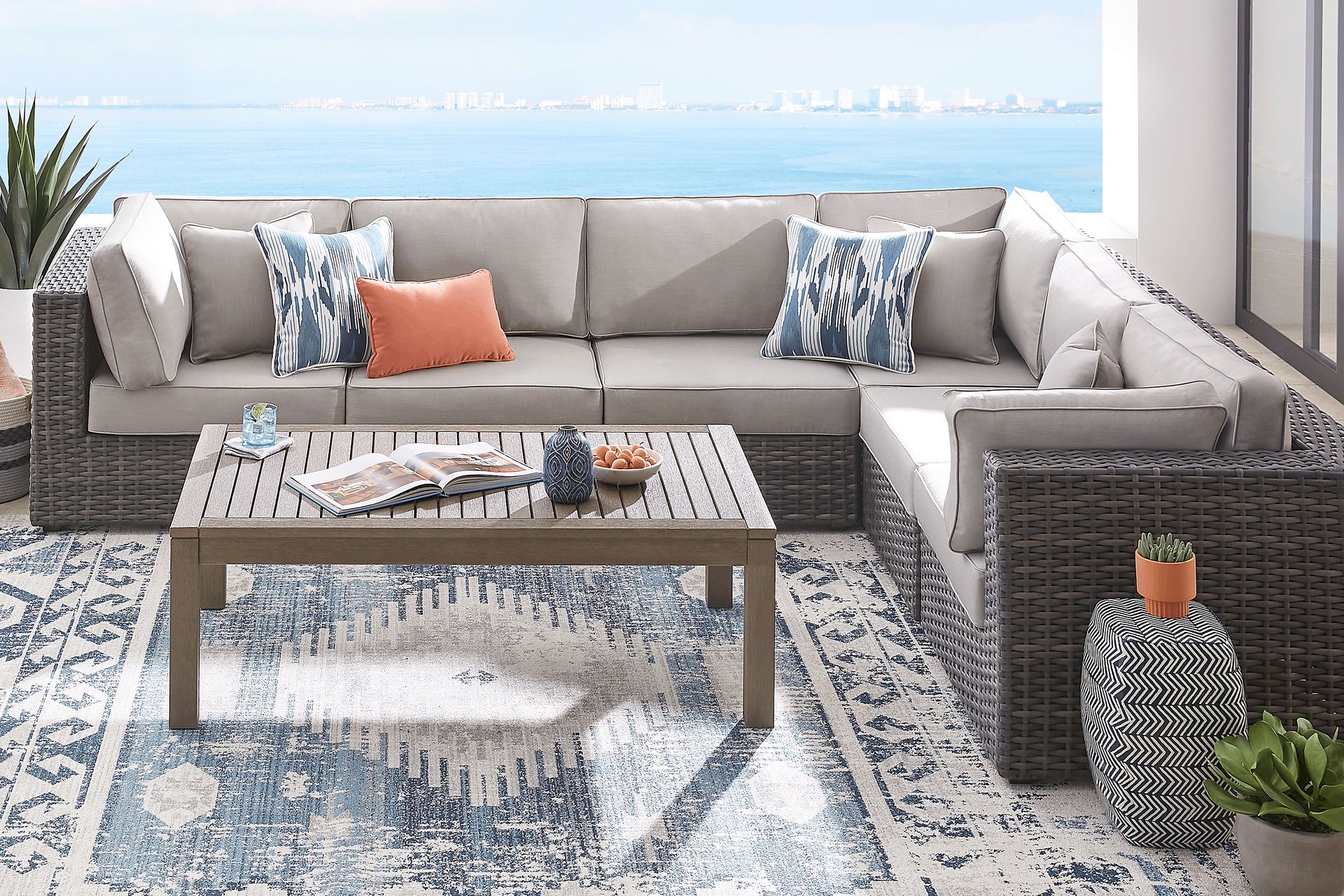 Oster Bay Driftwood 6 Pc Outdoor Sectional with Spectrum Dove Cushions - Image 1
