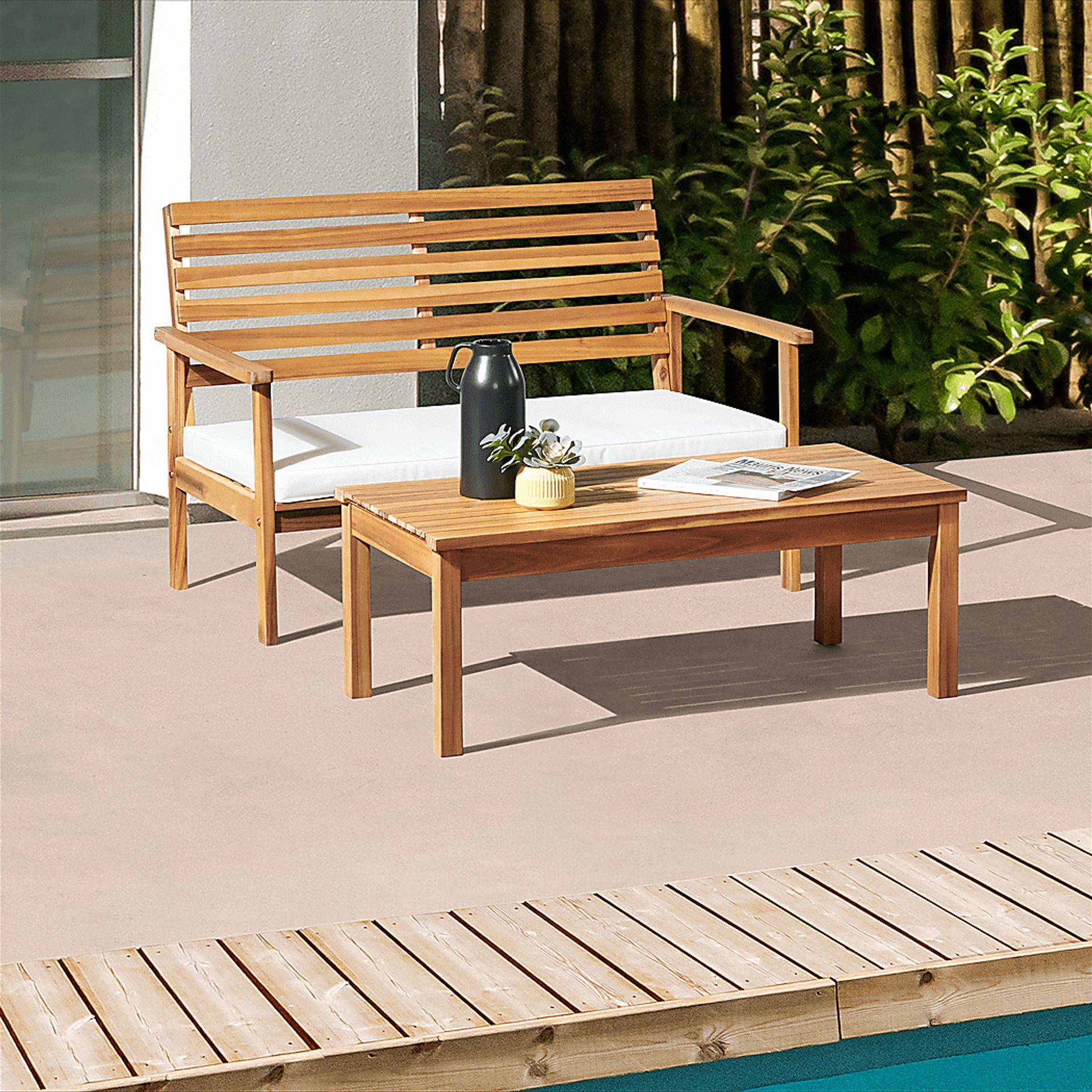 Outdoor Heatherrglen Brown Bench and Cocktail Table Set - Image 2