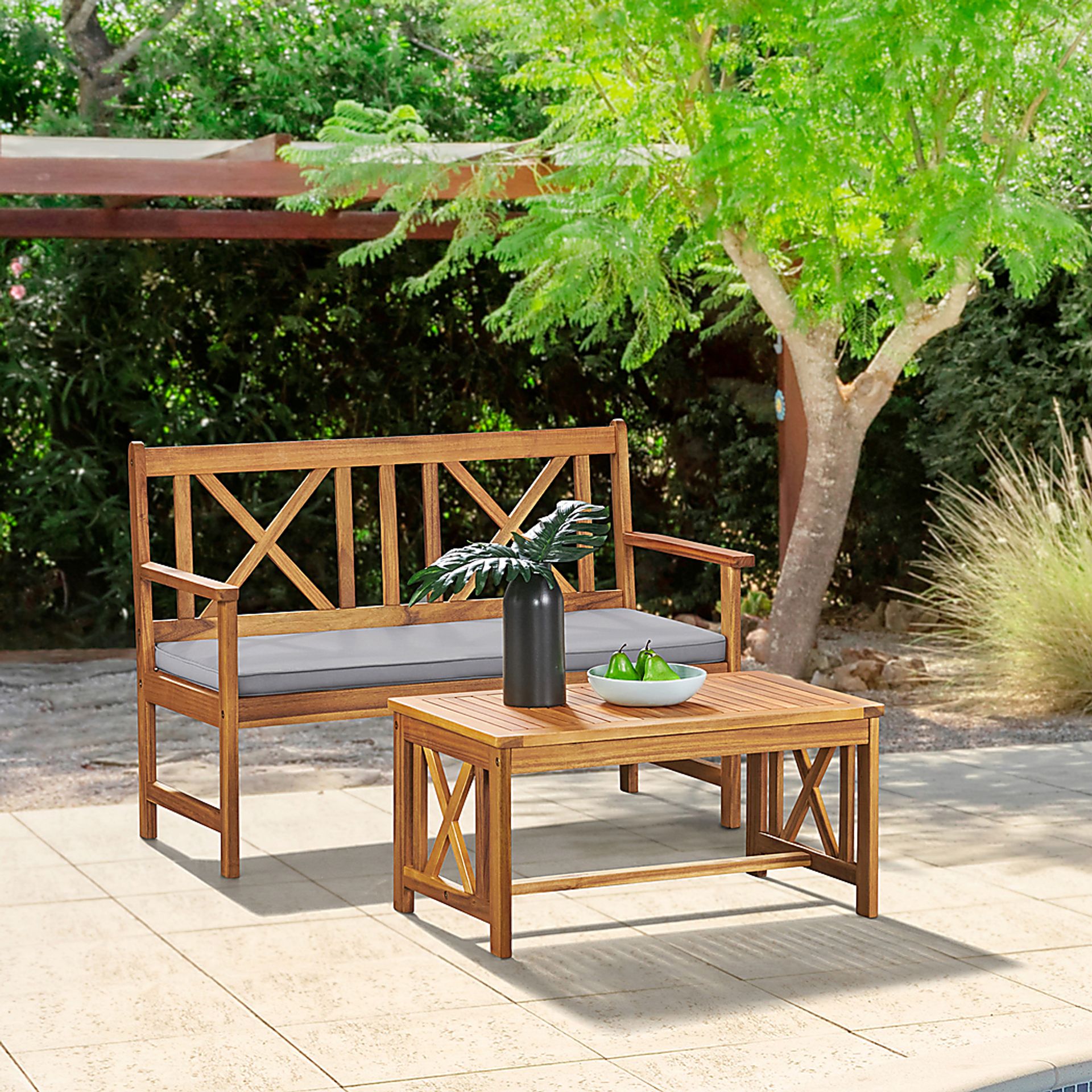 Outdoor Voelker Brown Bench and Cocktail Table Set - Image 2