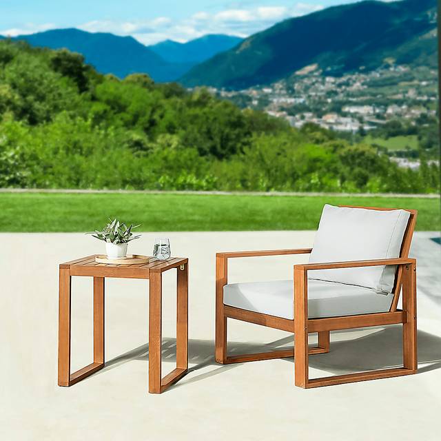 Outdoor Woodlen Brown Dining Chair and Cocktail Table Set - Thumbnail - Image 2