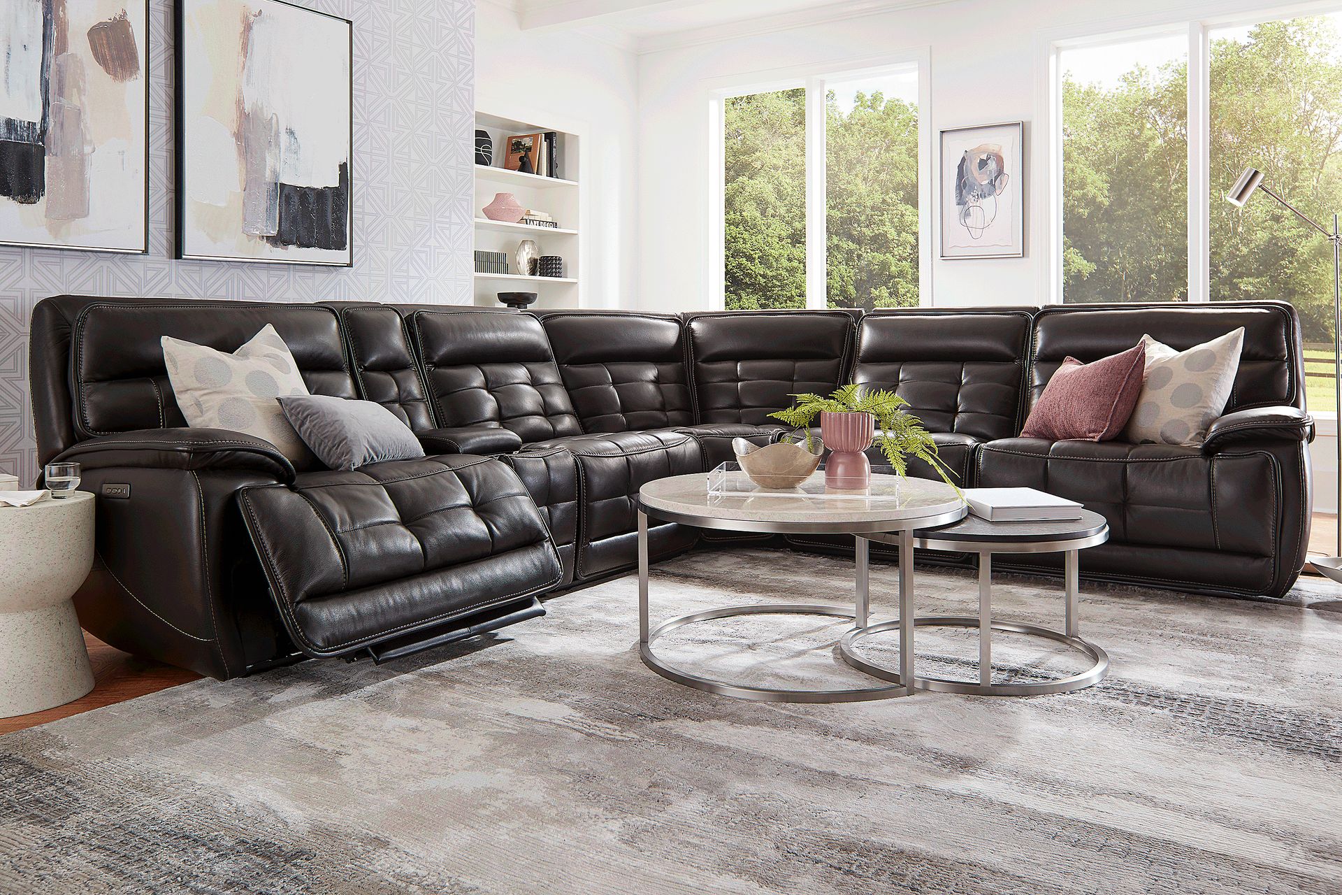Pacific Heights Black Cherry Leather 9 Pc Dual Power Reclining Sectional Living Room - Image 1