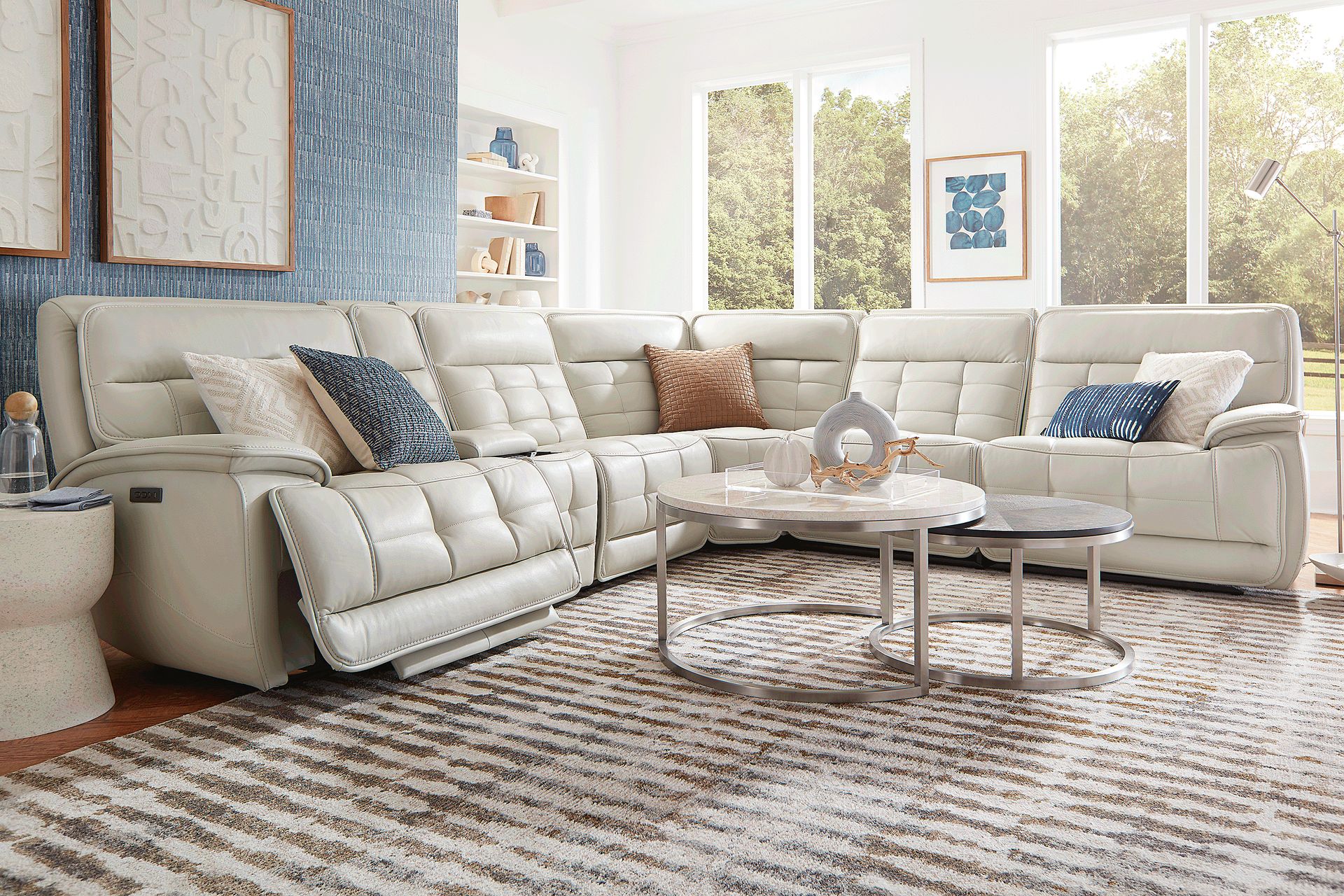 Pacific Heights Light Gray Leather 9 Pc Dual Power Reclining Sectional Living Room - Image 1