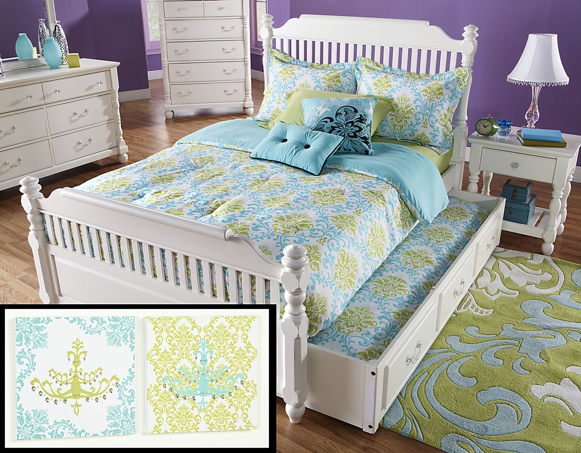Paige Blue-Green Chandelier Full Bed Set and Accessories - Image 1