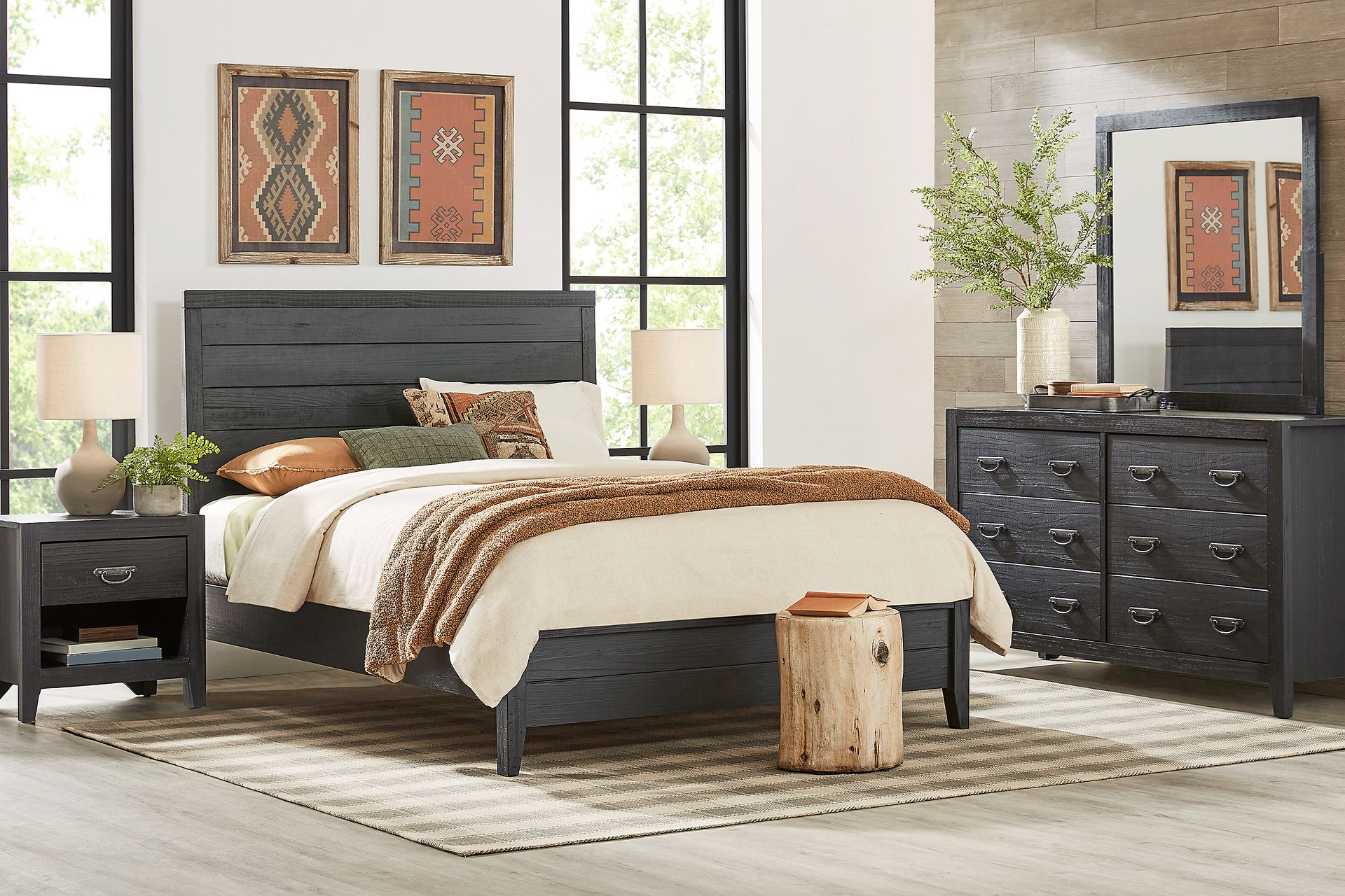 Palm Grove 7 Pc Black Black Colors Queen Bedroom Set With Dresser Mirror 3 Pc Queen Bed Nightstand Rooms to Go