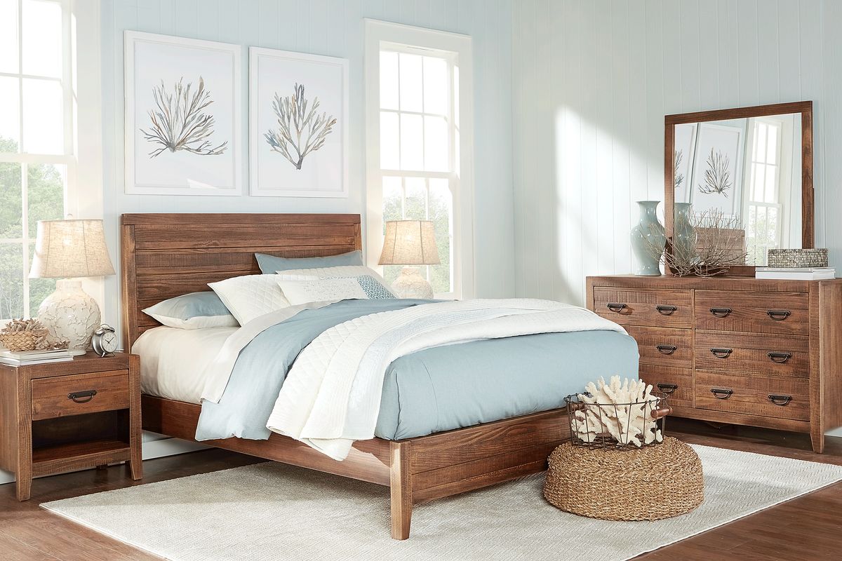 Palm Grove 5 Pc Light Brown Wood Queen Bedroom Set With Dresser, Mirror ...