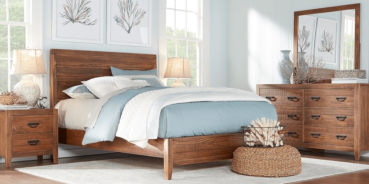 Palm Grove 7 Pc Light Brown Wood King Bedroom Set With Dresser, Mirror