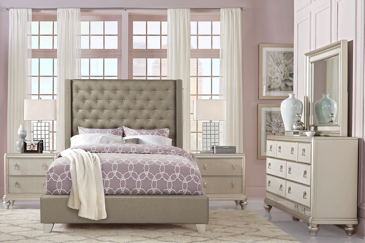 Studio Place 7 Pc Silver Gray King Bedroom Set With Dresser, Mirror, 3 Pc  King Bed, Nightstand