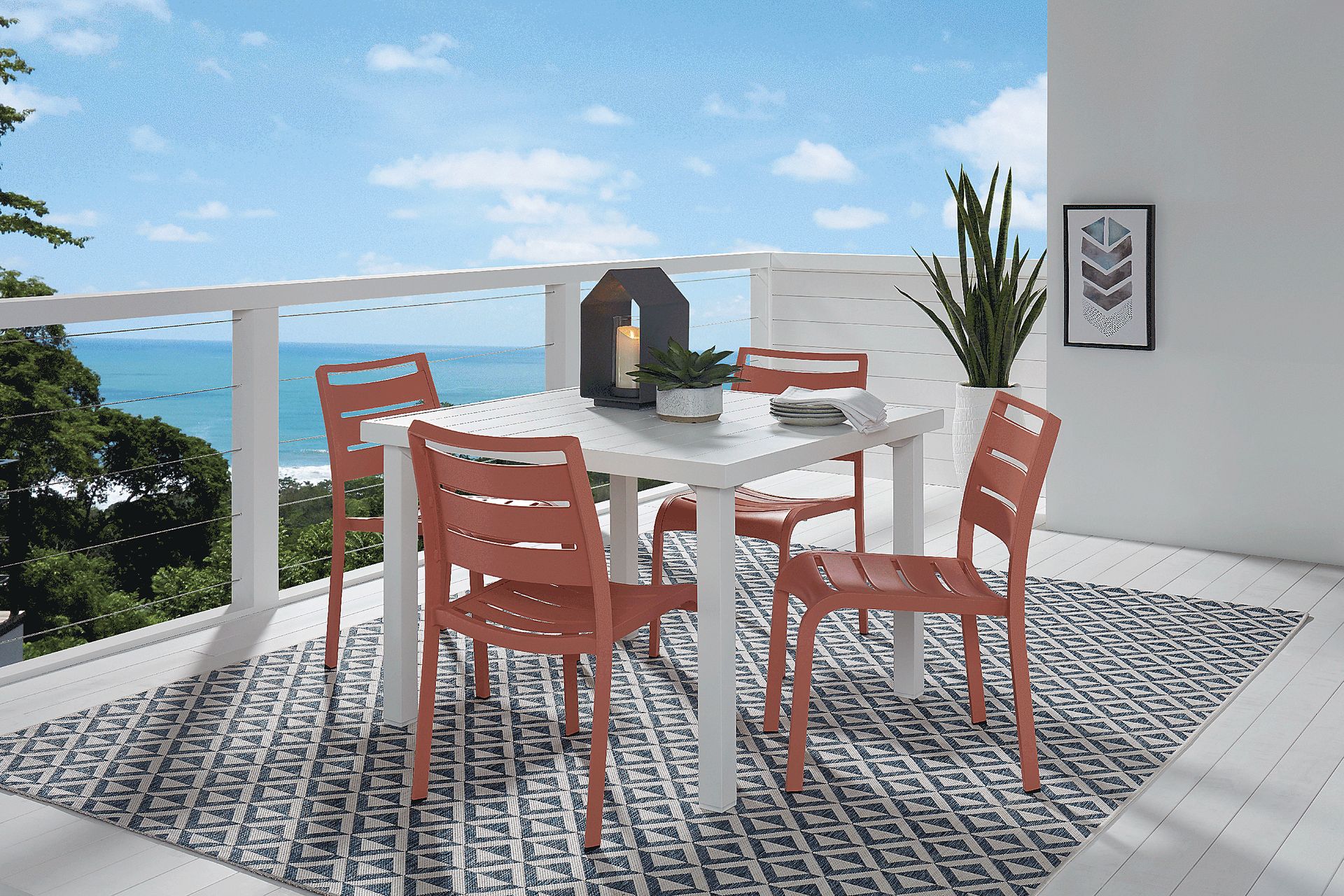 Park Walk White 5 Pc 40 in. Square Outdoor Dining Set with Coral Chairs - Image 1