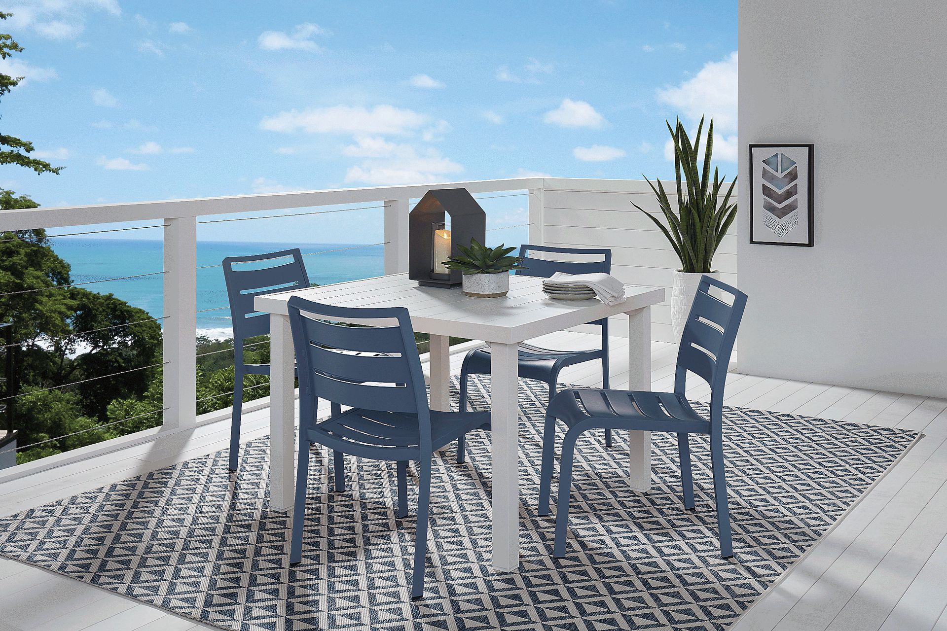 Park Walk White 5 Pc 40 in. Square Outdoor Dining Set with Navy Chairs - Image 1
