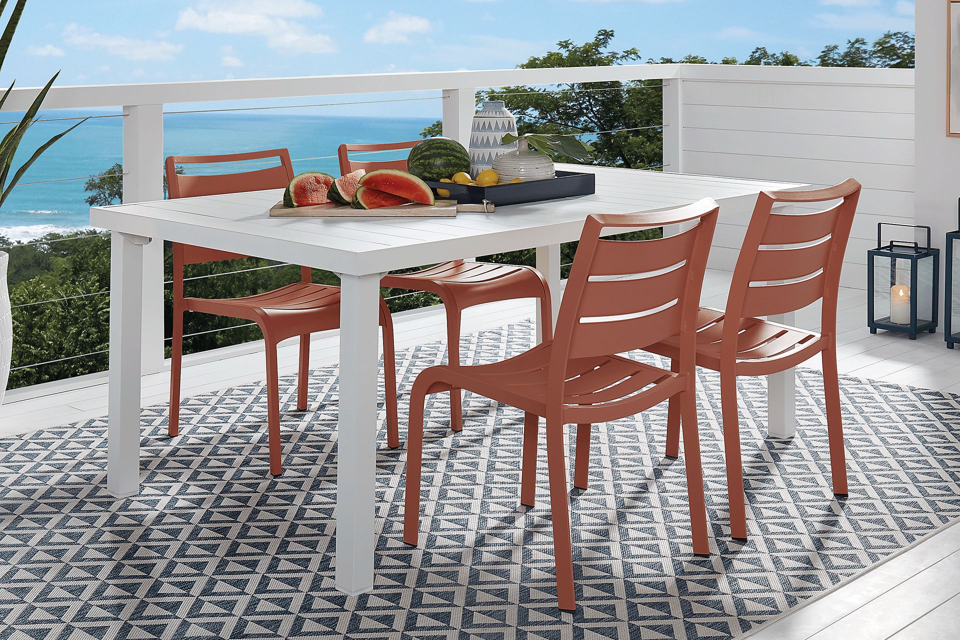 Park Walk White 5 Pc Rectangle Extension Outdoor Dining Set with Coral Chairs - Image 1