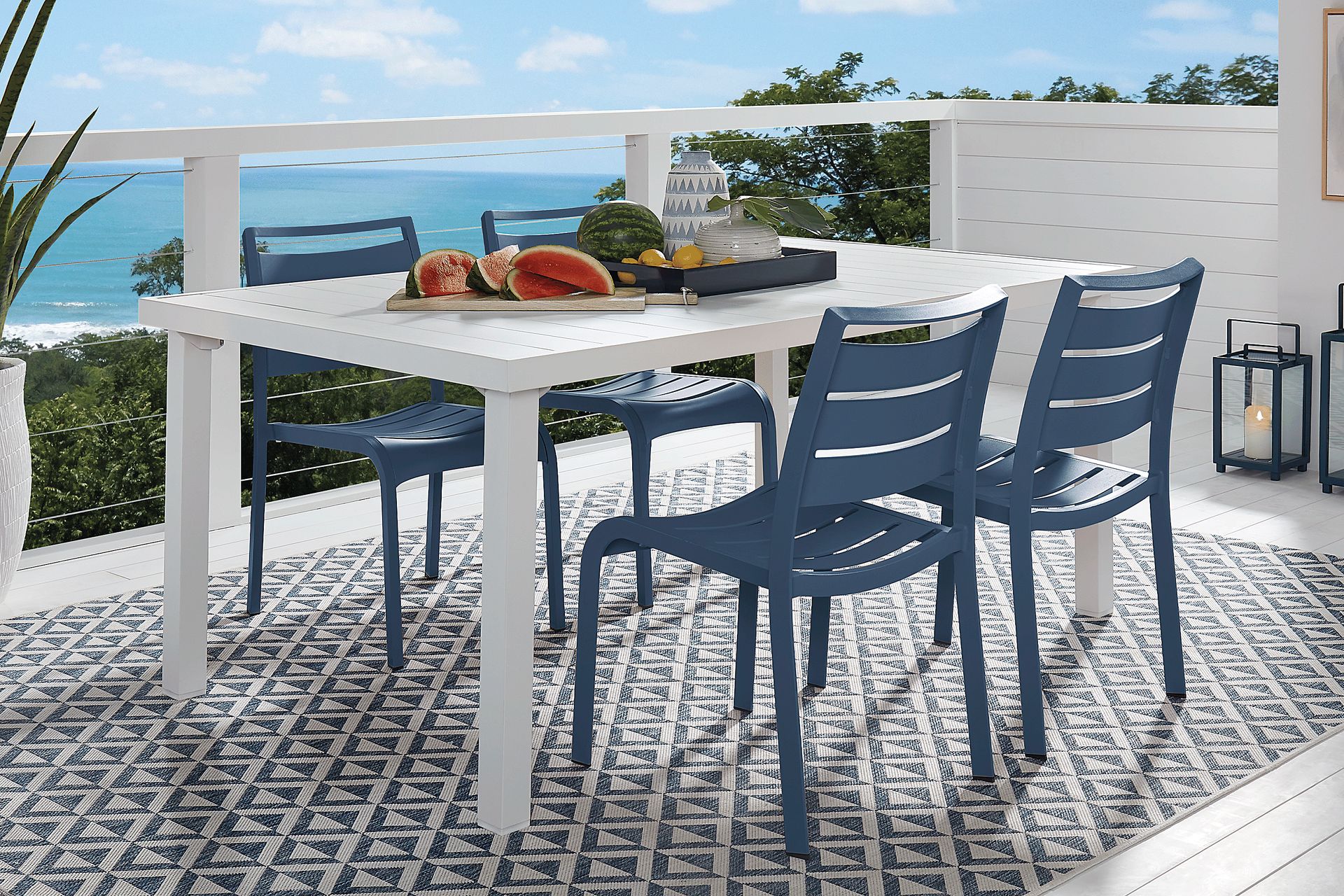 Park Walk White 5 Pc Rectangle Extension Outdoor Dining Set with Navy Chairs - Image 1