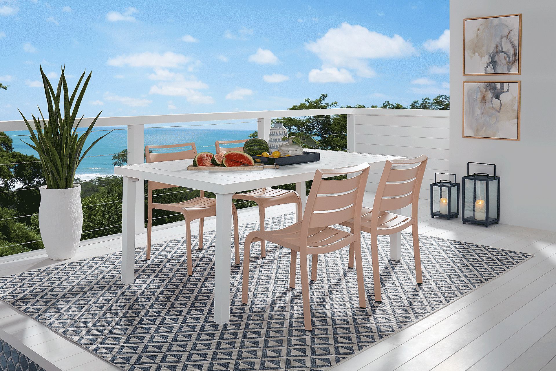 Park Walk White 5 Pc Rectangle Outdoor Dining Set with Blush Chairs - Image 1