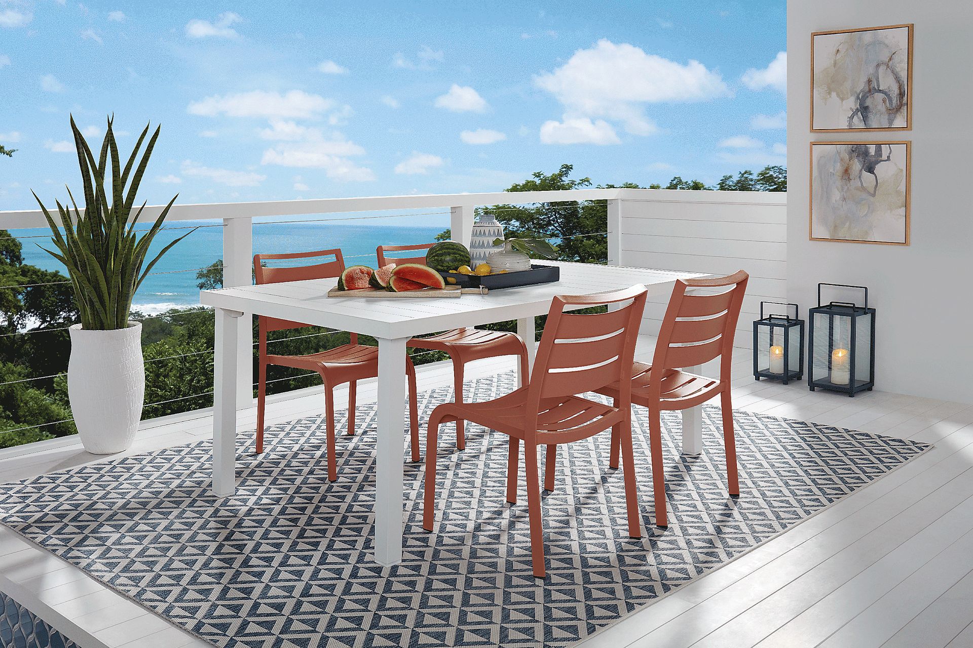 Park Walk White 5 Pc Rectangle Outdoor Dining Set with Coral Chairs - Image 1