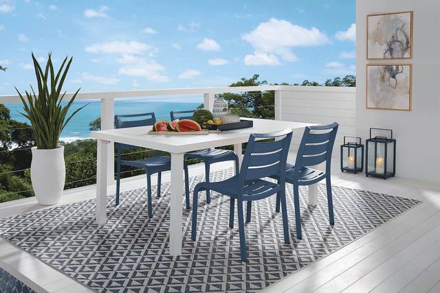 Park Walk White 5 Pc Rectangle Outdoor Dining Set with Navy Chairs - Thumbnail - Image 1