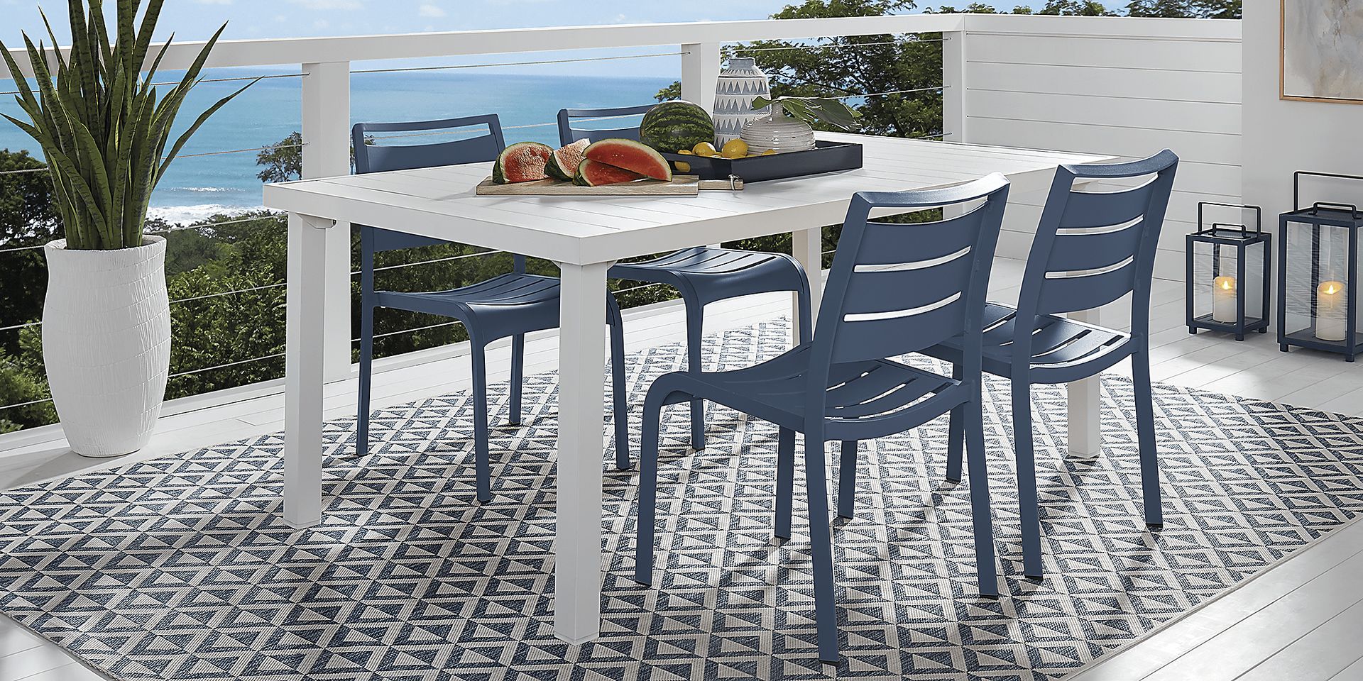 Park Walk White 5 Pc Rectangle Outdoor Dining Set with Navy Chairs - Image 1