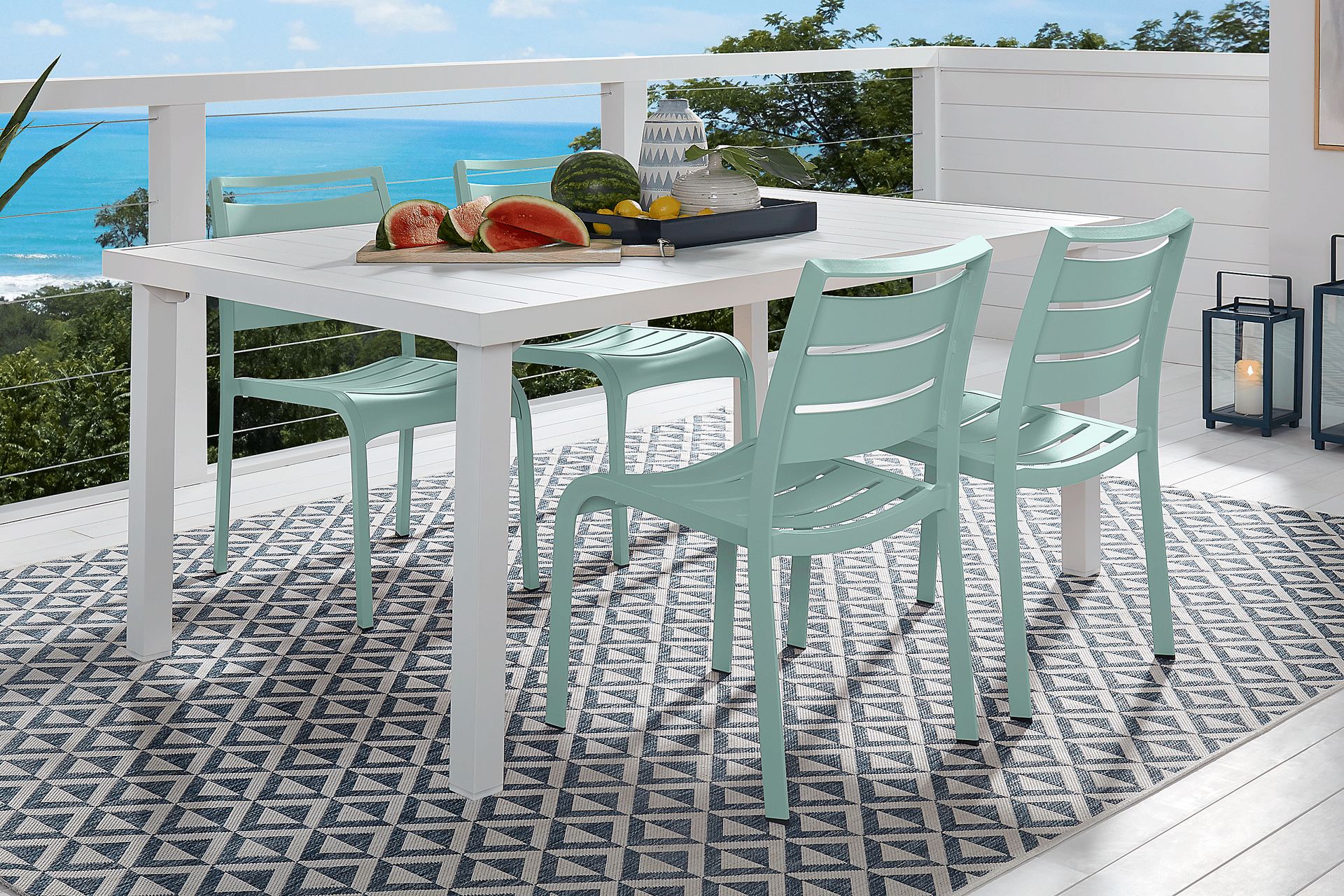 Park Walk White 5 Pc Rectangle Outdoor Dining Set with Surf Chairs - Image 1