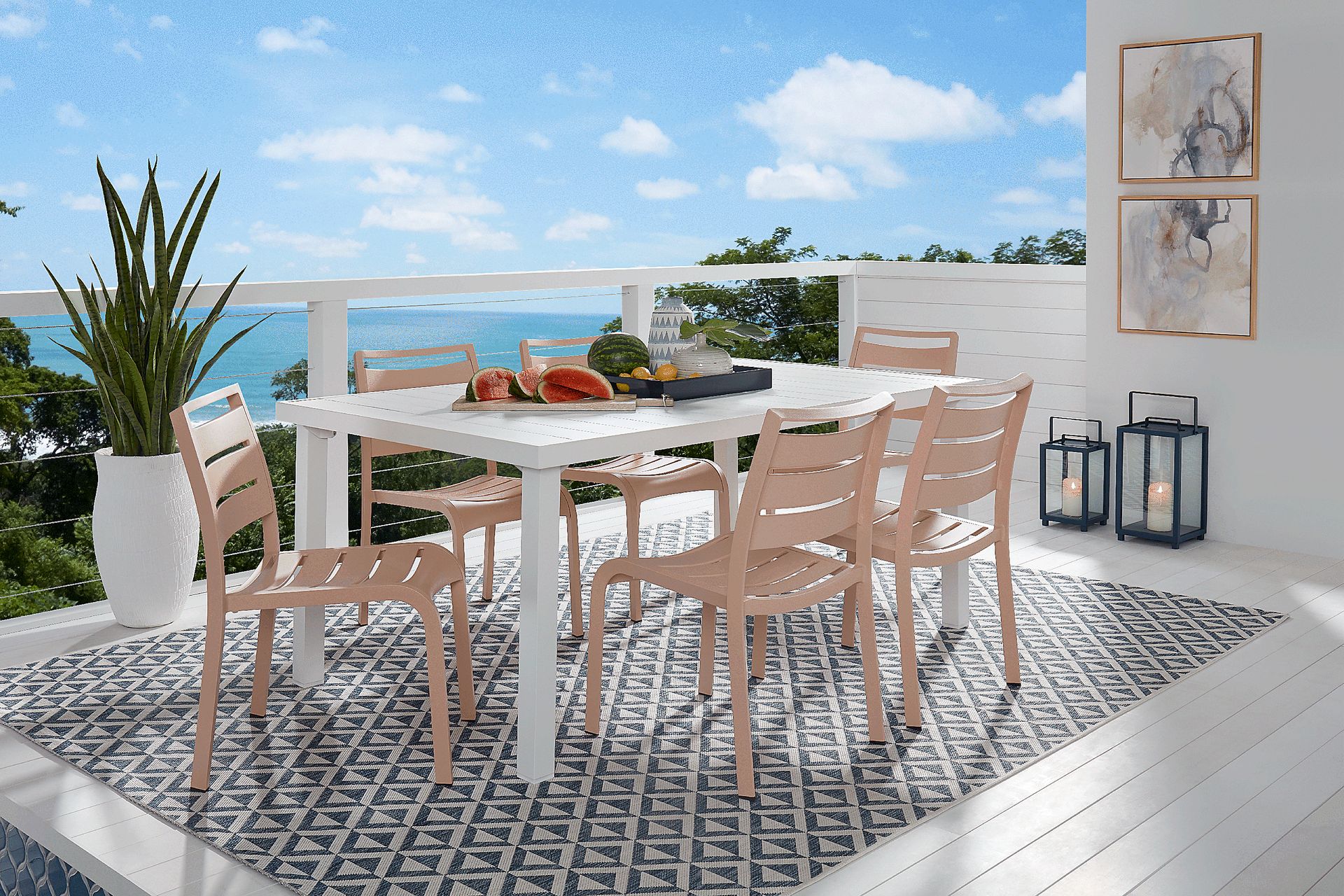 Park Walk White 7 Pc 70 in. Rectangle Outdoor Dining Set with Blush Chairs - Image 1
