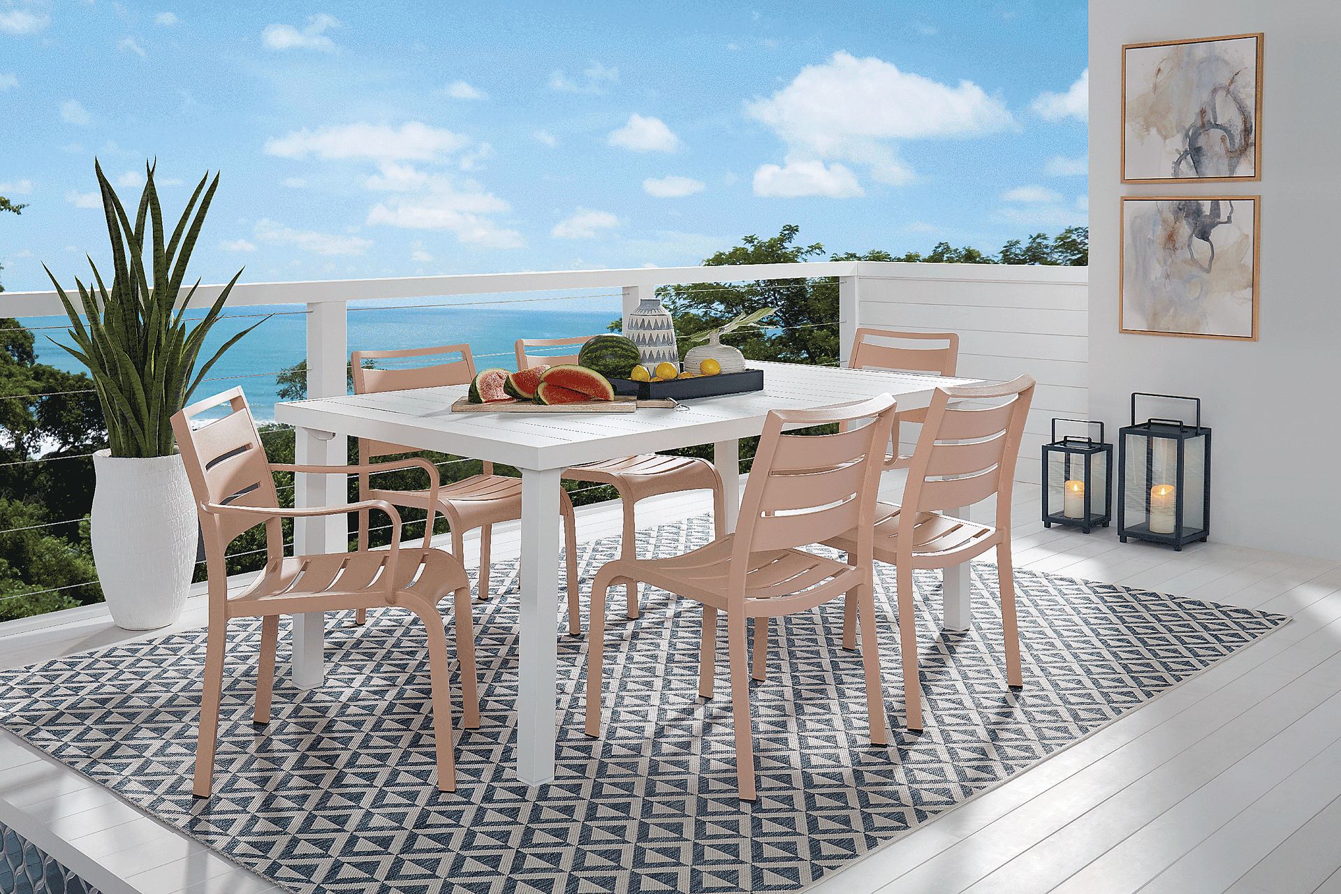 Park Walk White 7 Pc 70 in. Rectangle Outdoor Dining Set with Blush Chairs - Image 1