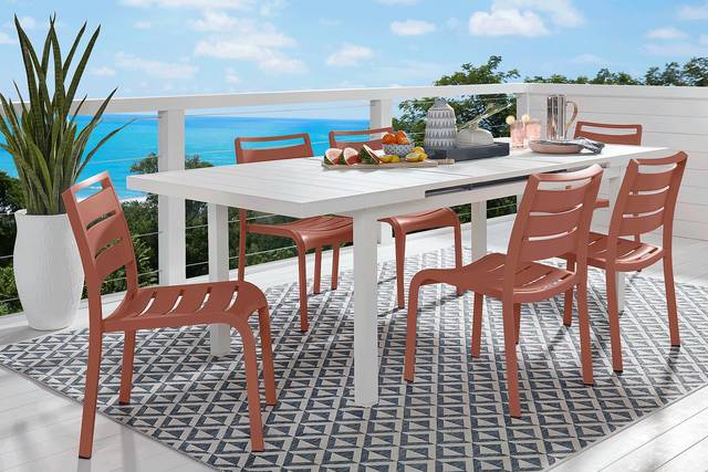 Park Walk White 7 Pc 73 - 97 in. Rectangle Extension Outdoor Dining Set with Coral Chairs - Thumbnail - Image 1