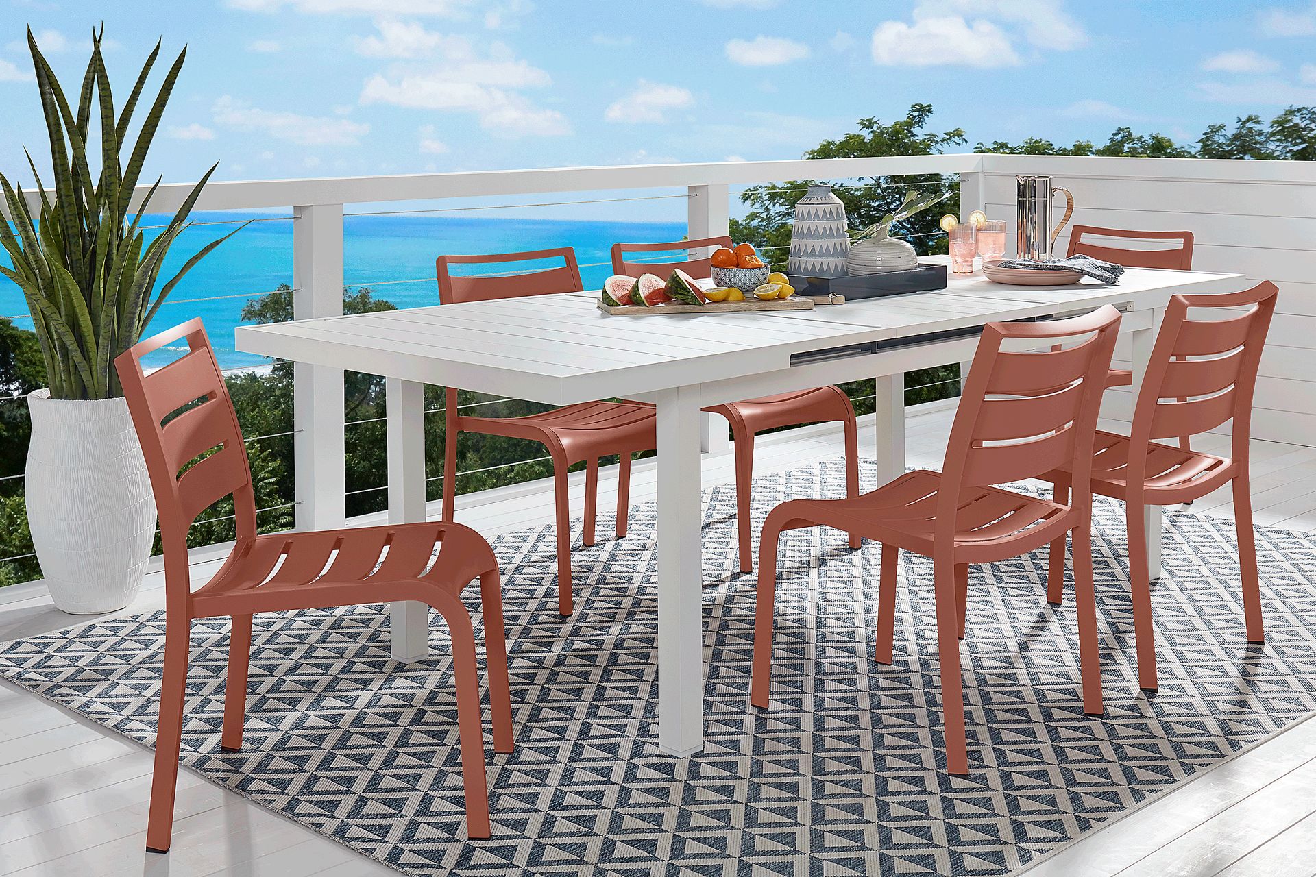 Park Walk White 7 Pc 73 - 97 in. Rectangle Extension Outdoor Dining Set with Coral Chairs - Image 1