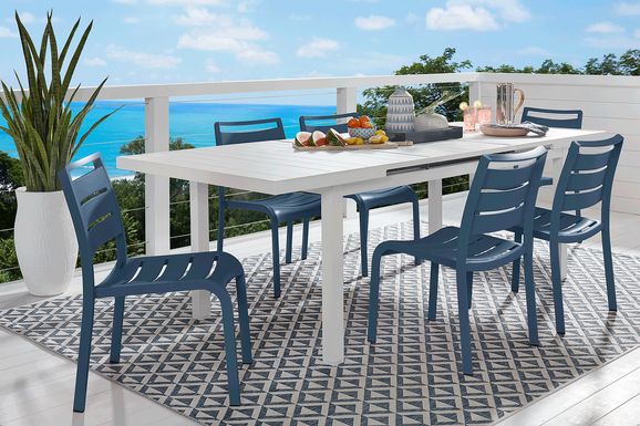 Park Walk White 7 Pc 73 - 97 in. Rectangle Extension Outdoor Dining Set with Navy Chairs
