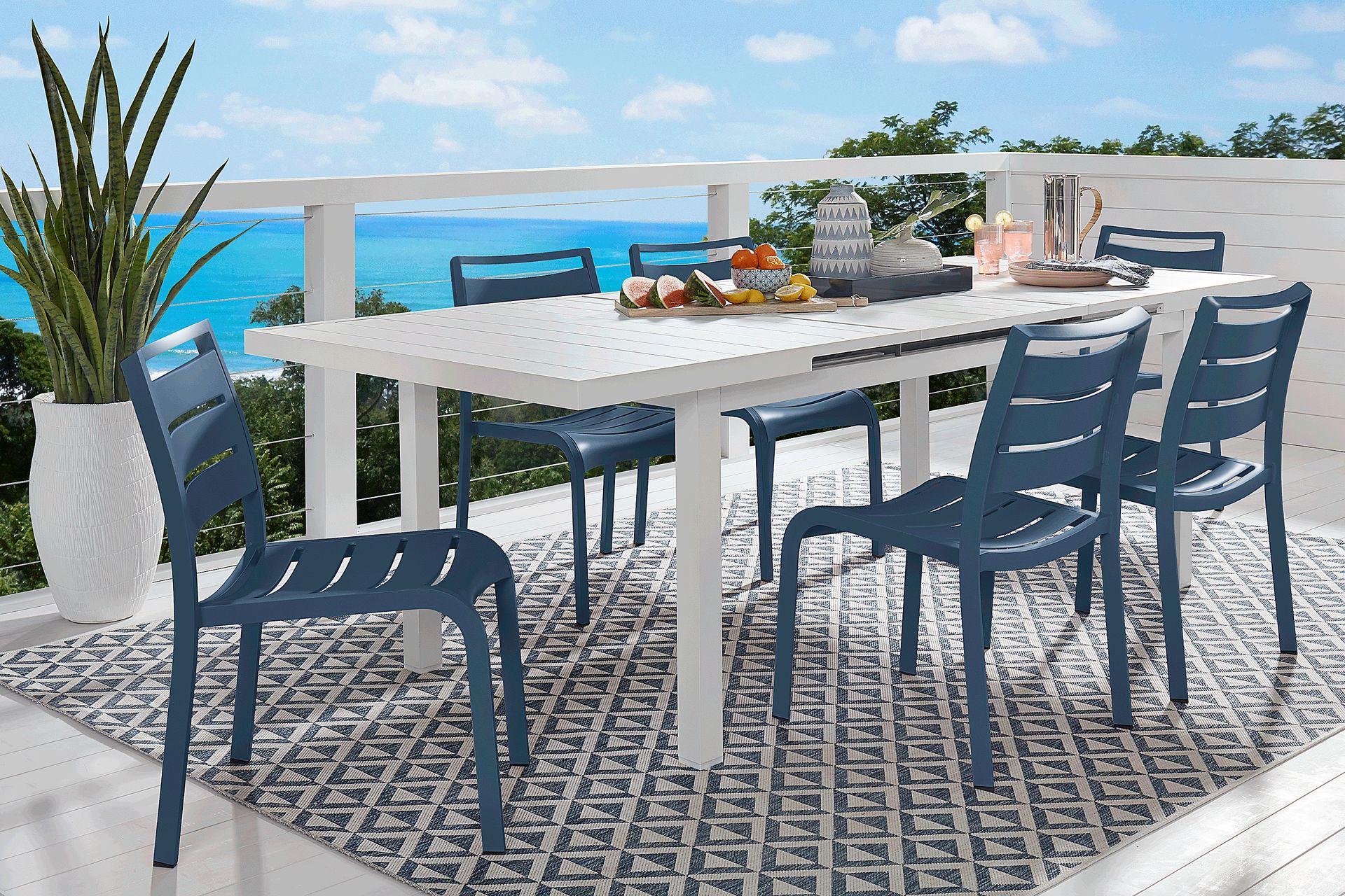 Park Walk White 7 Pc 73 - 97 in. Rectangle Extension Outdoor Dining Set with Navy Chairs - Image 1