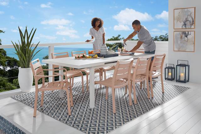 Park Walk White 7 Pc 73 - 97 in. Rectangle Extension Outdoor Dining Set with Blush Chairs - Thumbnail - Image 1
