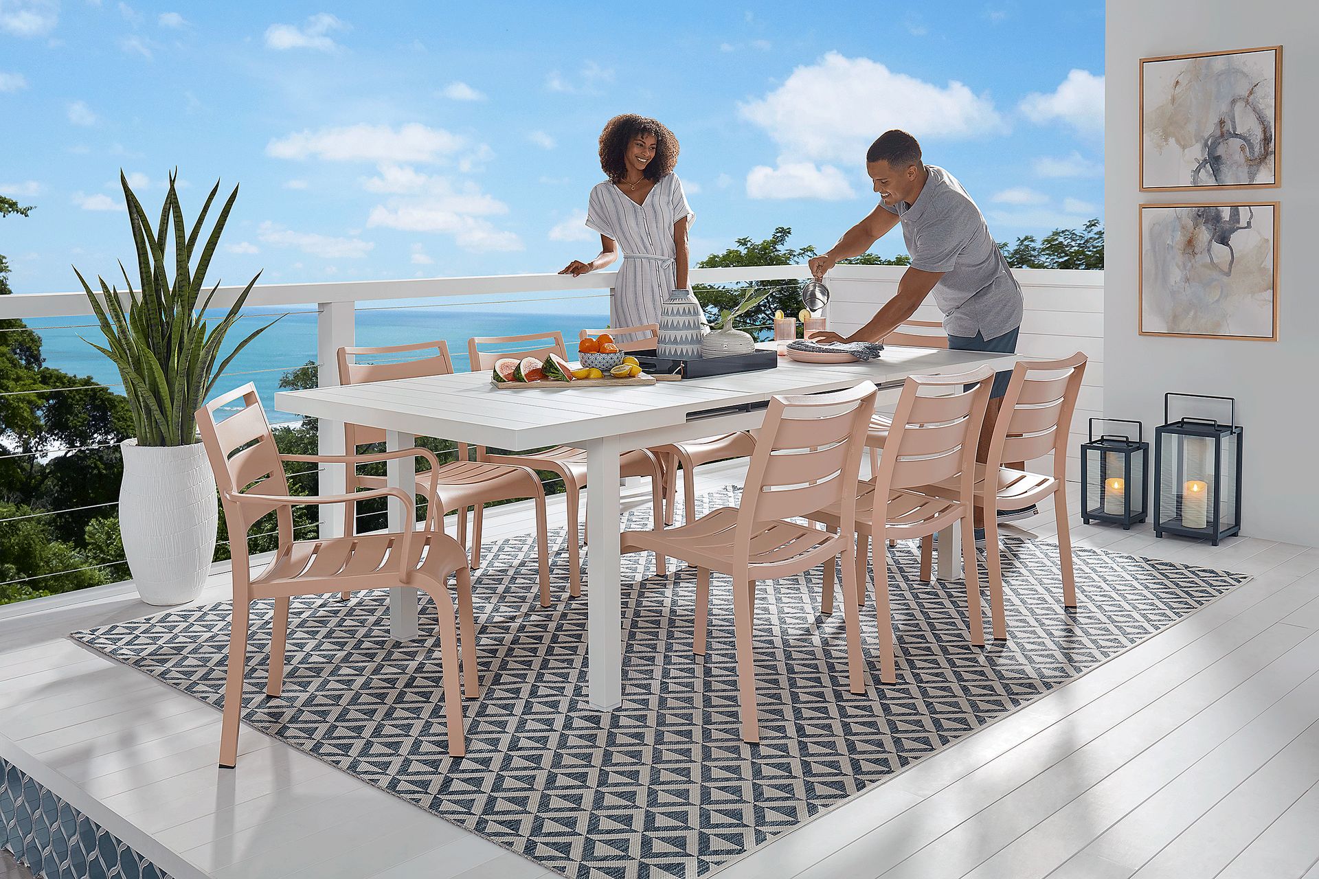 Park Walk White 7 Pc 73 - 97 in. Rectangle Extension Outdoor Dining Set with Blush Chairs - Image 1