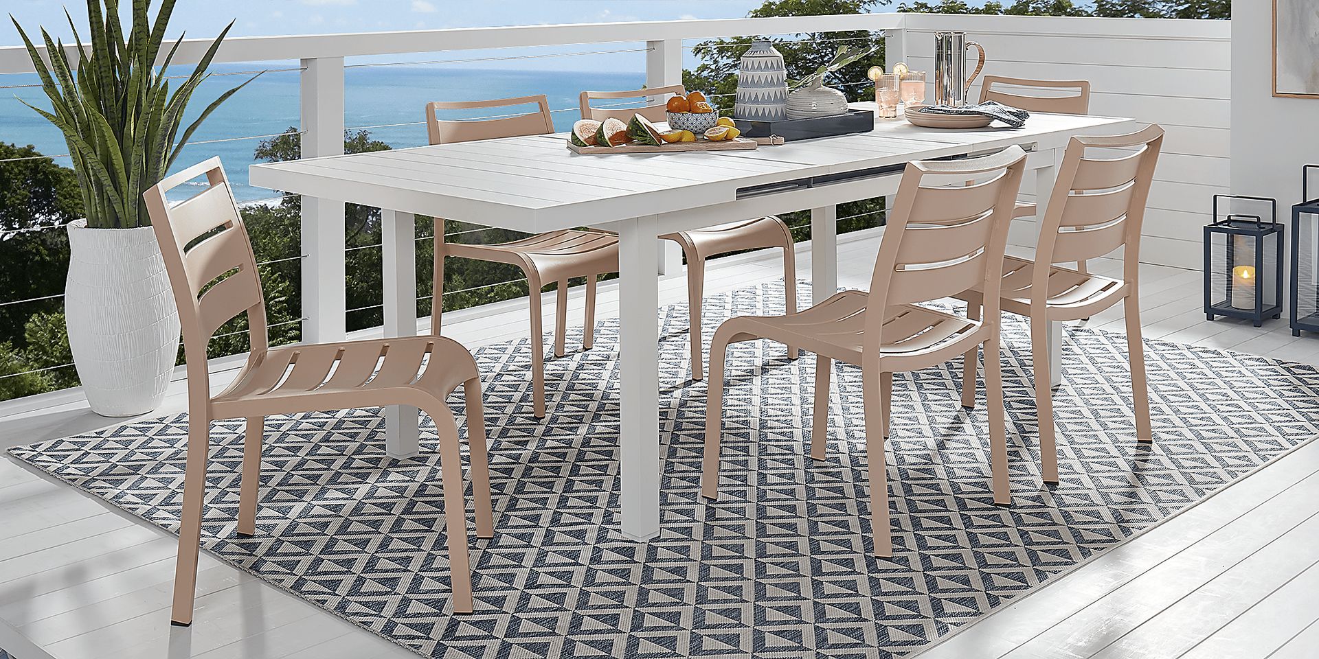 Park Walk White 7 Pc 73 - 97 in. Rectangle Extension Outdoor Dining Set with Blush Chairs - Image 1