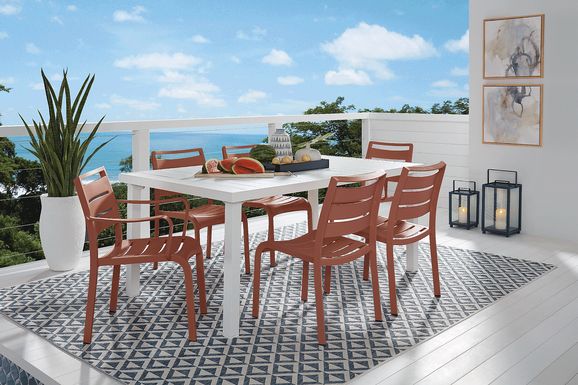 Park Walk White 7 Pc Rectangle Outdoor Dining Set with Coral Chairs