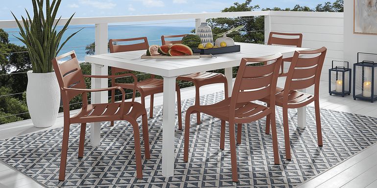 Park Walk White 7 Pc Rectangle Outdoor Dining Set with Coral Chairs