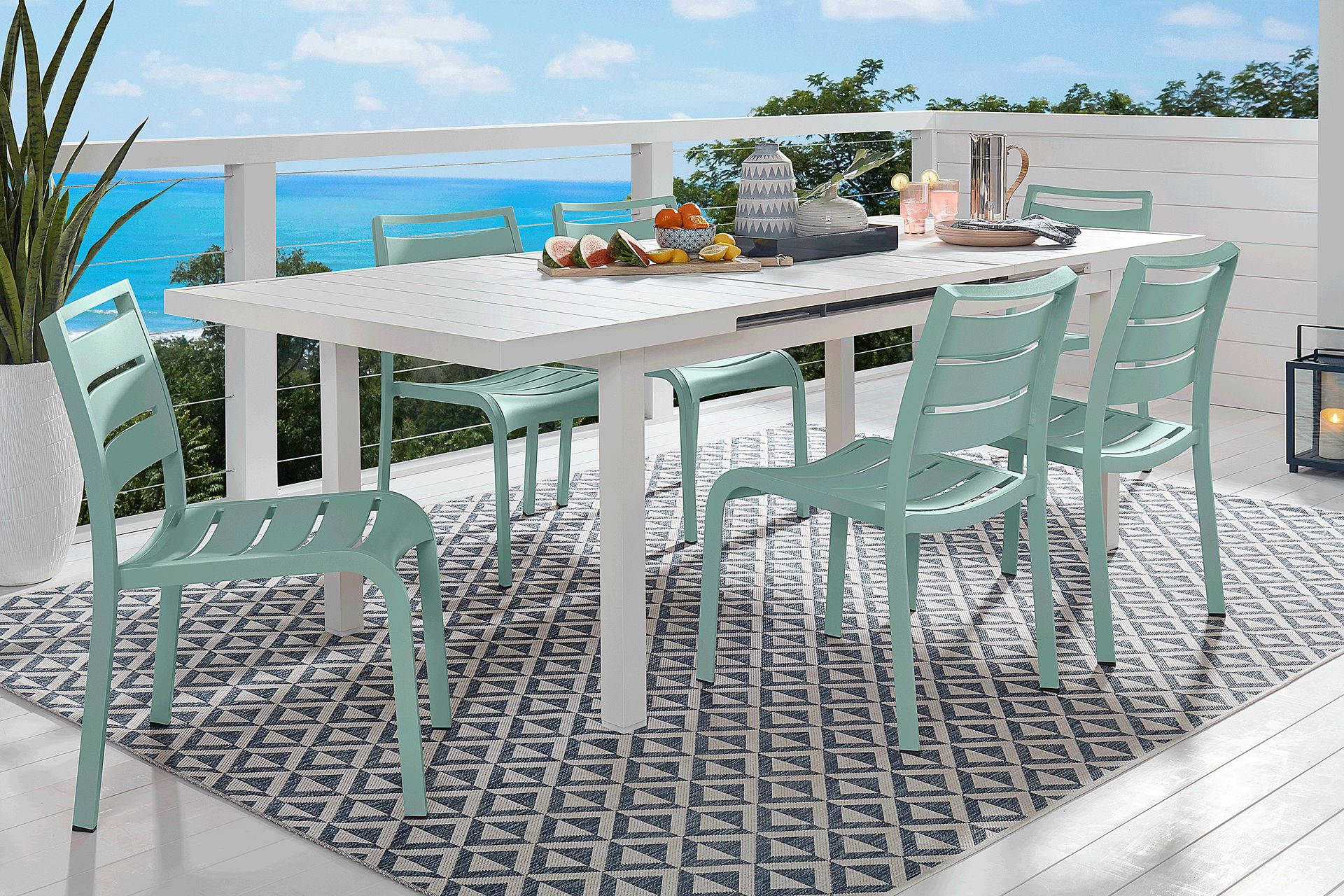 Park Walk White 7 Pc 73 - 97 in. Rectangle Extension Outdoor Dining Set with Surf Chairs - Image 1