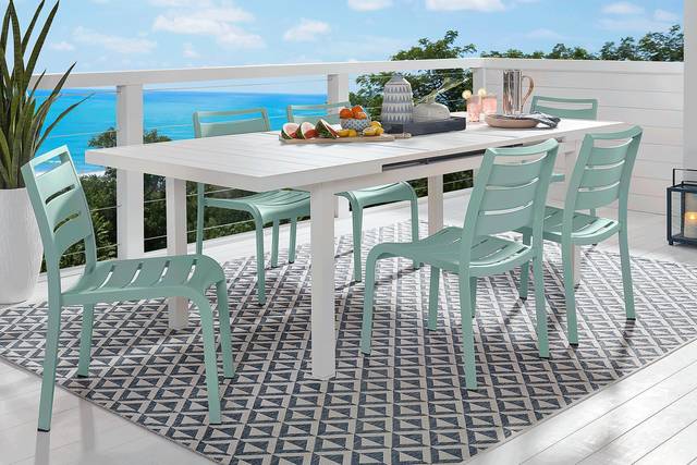 Park Walk White 7 Pc 73 - 97 in. Rectangle Extension Outdoor Dining Set with Surf Chairs - Thumbnail - Image 1