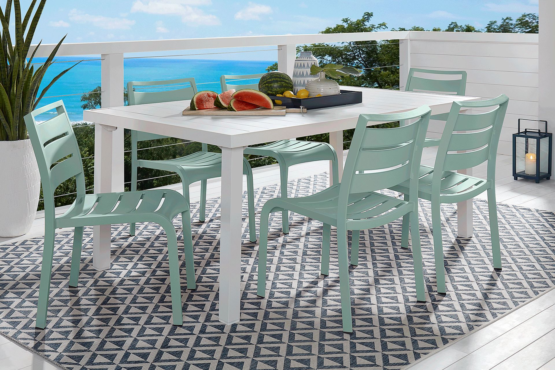 Park Walk White 7 Pc Rectangle Outdoor Dining Set with Surf Chairs - Image 1