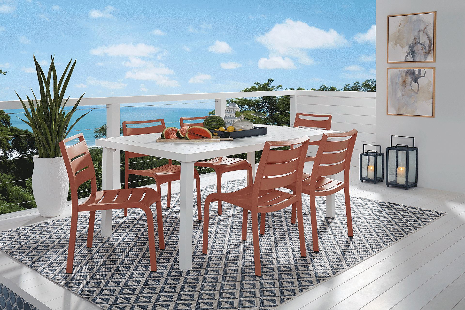 Park Walk White 7 Pc Rectangle Outdoor Dining Set with Coral Chairs - Image 1