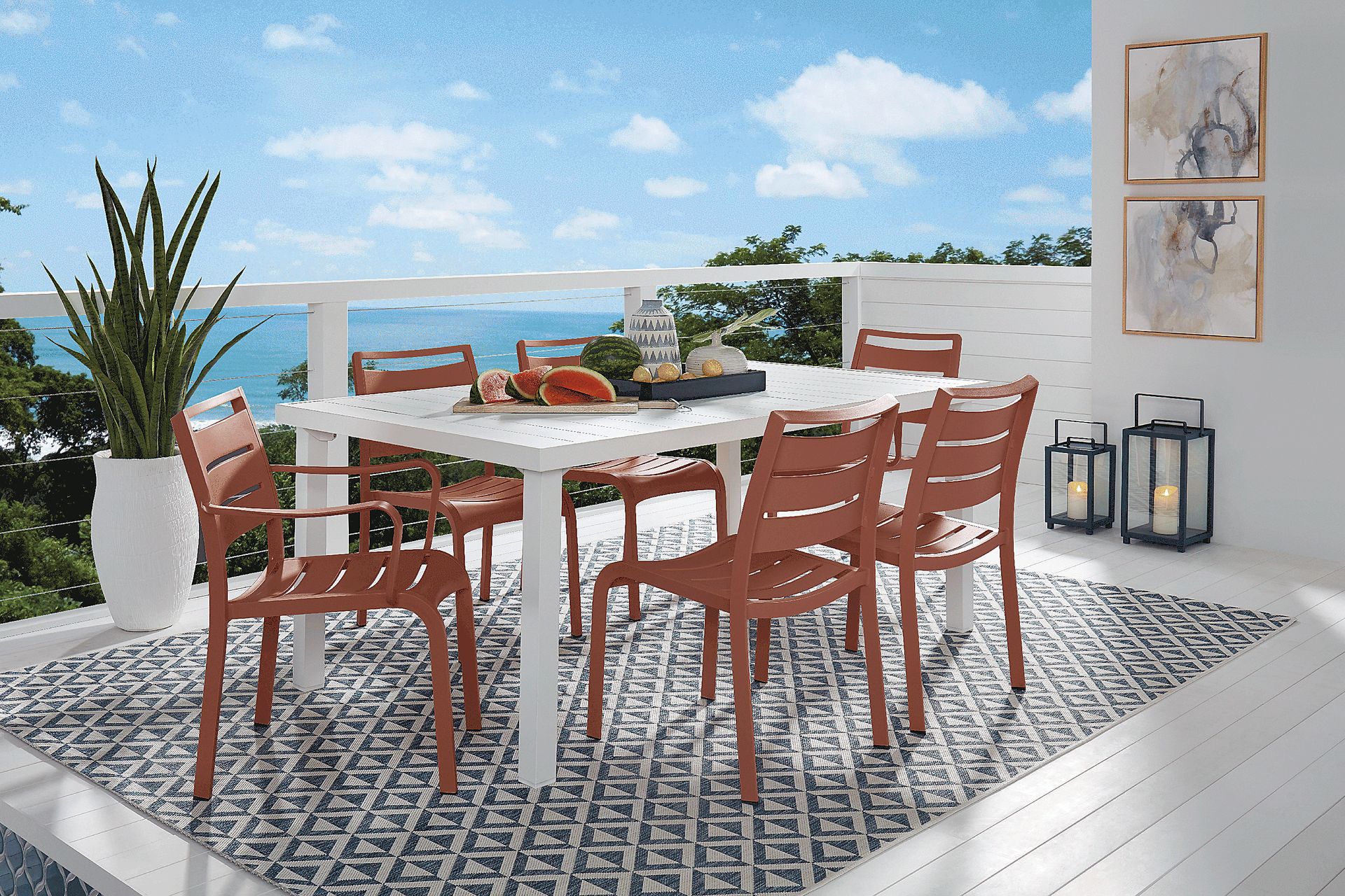 Park Walk White 7 Pc Rectangle Outdoor Dining Set with Coral Chairs - Image 1
