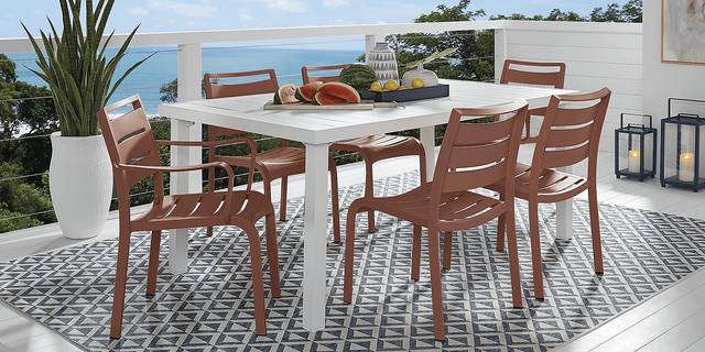 Park Walk White 7 Pc Rectangle Outdoor Dining Set with Coral Chairs - Thumbnail - Image 1