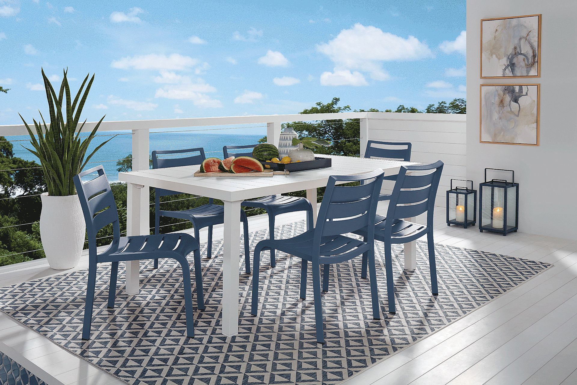 Park Walk White 7 Pc Rectangle Outdoor Dining Set with Navy Chairs - Image 1