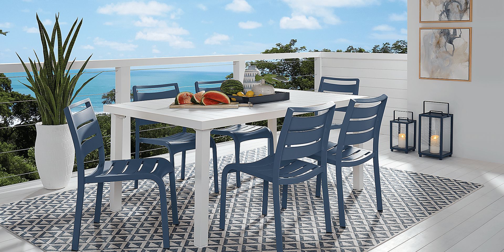 Park Walk White 7 Pc Rectangle Outdoor Dining Set with Navy Chairs - Image 1