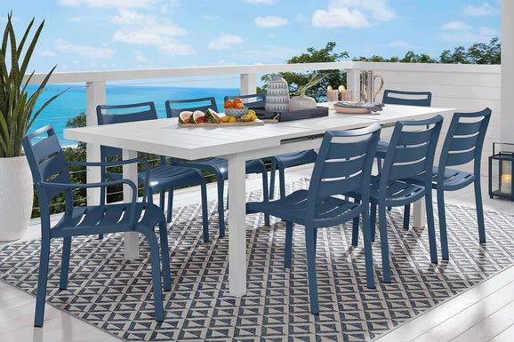 Park Walk White 9 Pc 73 - 97 in. Rectangle Extension Outdoor Dining Set with Navy Chairs