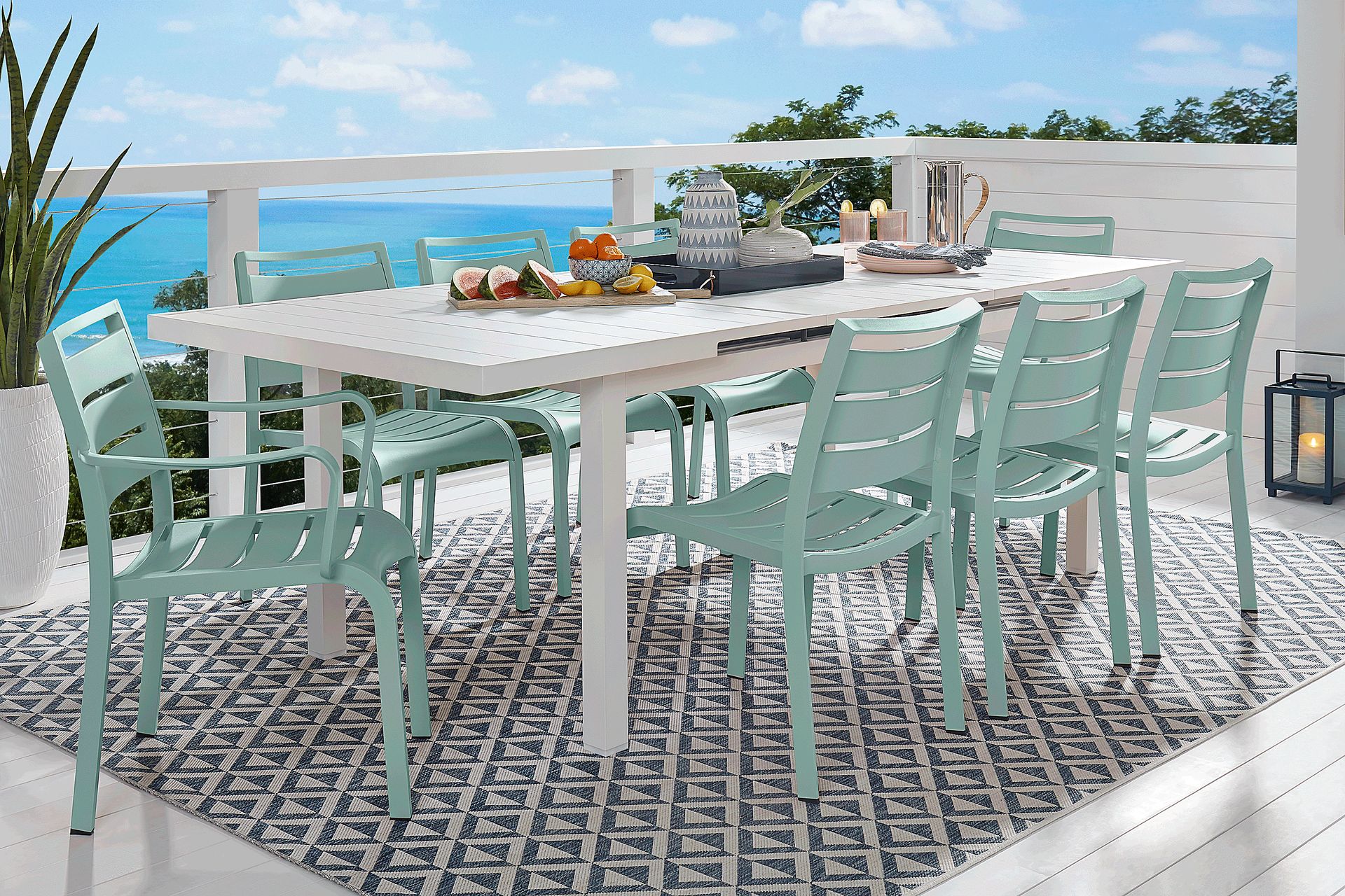 Park Walk White 9 Pc 73 - 97 in. Rectangle Extension Outdoor Dining Set with Surf Chairs - Image 1