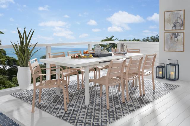Park Walk White 9 Pc 73 - 97 in. Rectangle Extension Outdoor Dining Set with Blush Chairs - Thumbnail - Image 1