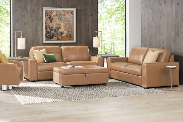 Parker Saddle Leather 7 Pc Living Room with Sleeper Loveseat - Thumbnail - Image 1