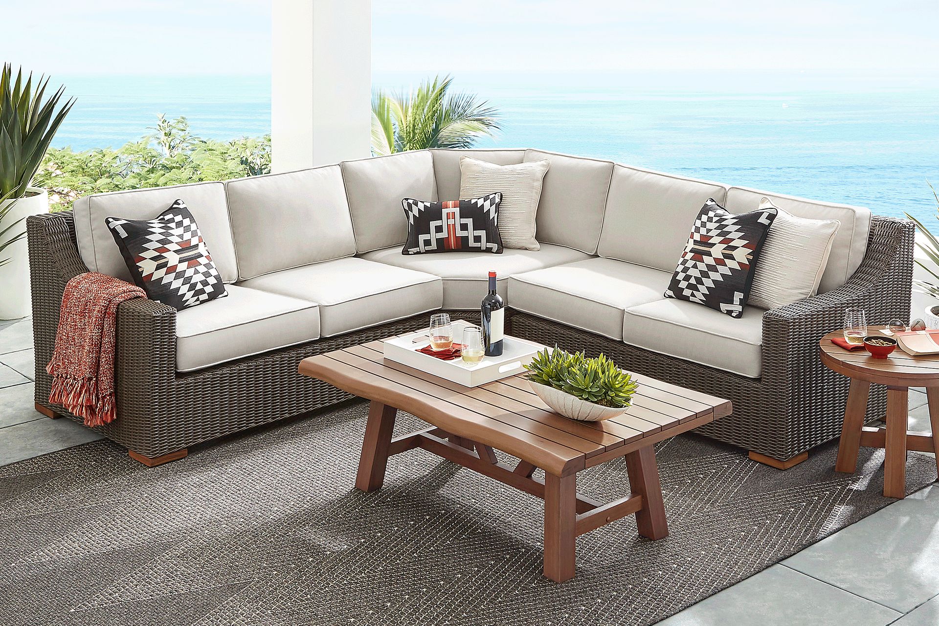 Patmos Brown 3 Pc Outdoor Sectional with Linen Cushions - Image 2