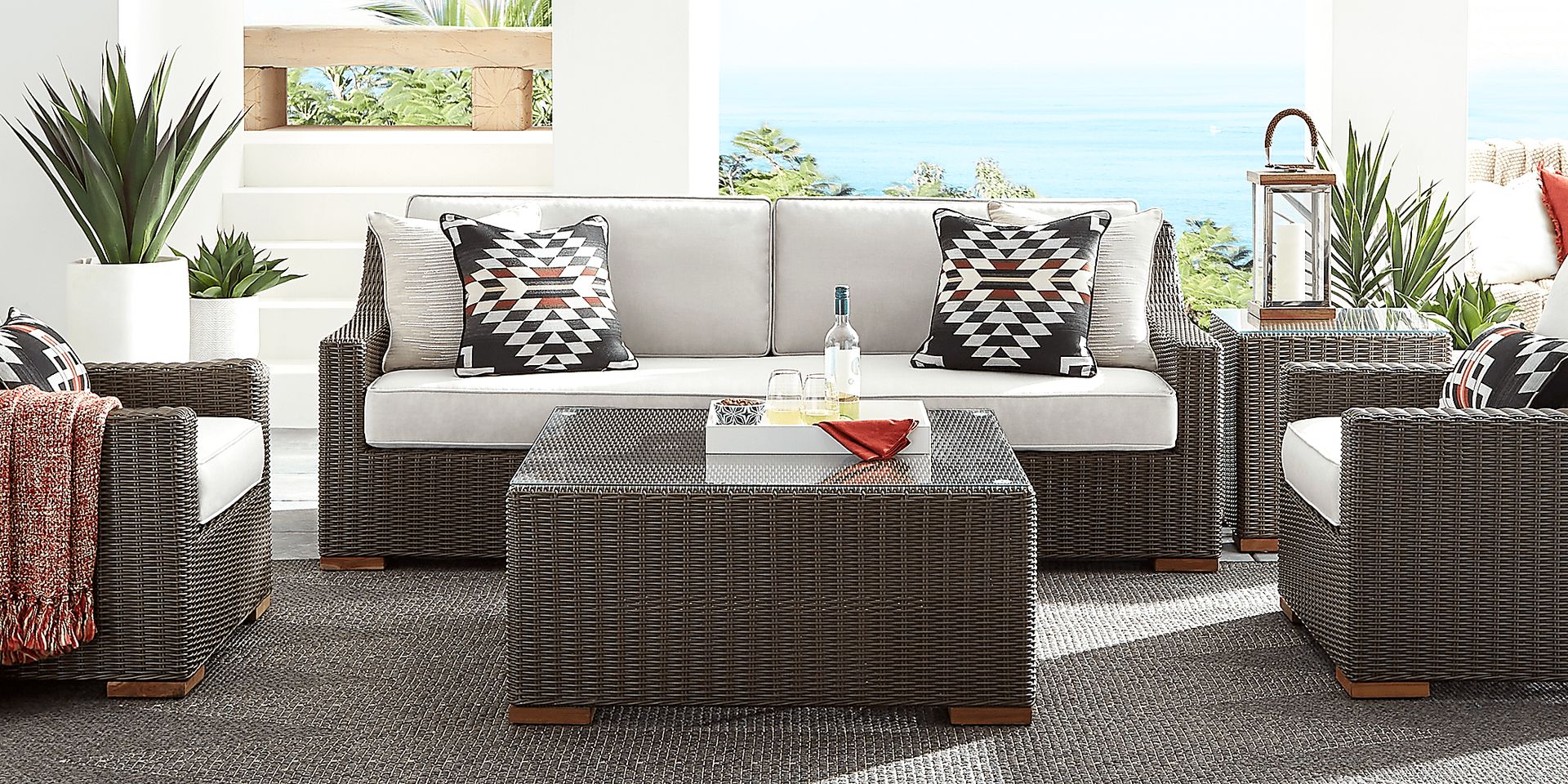 Patmos Brown 4 Pc Outdoor Sofa Seating Set with Linen Cushions - Image 2