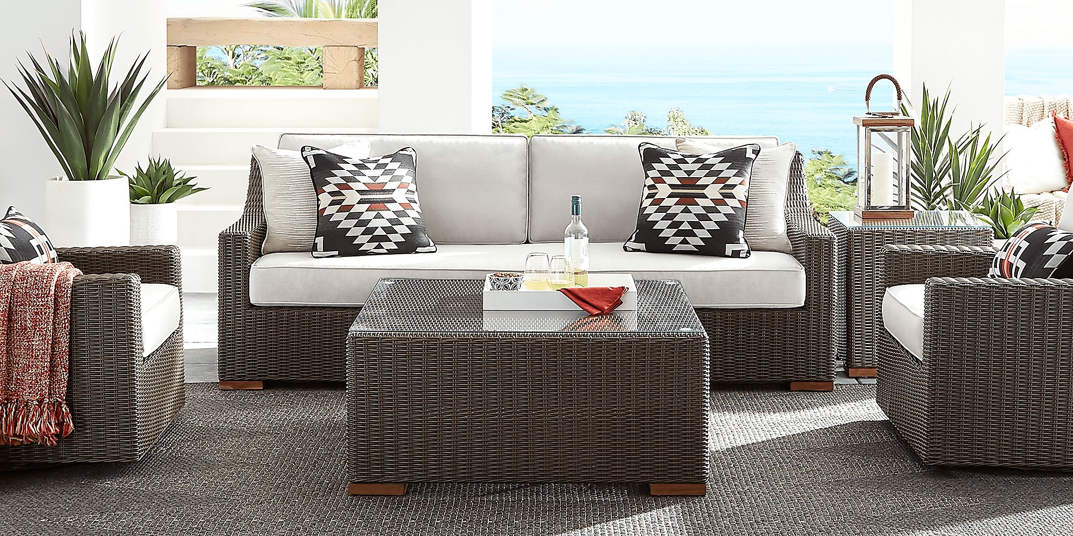 Patmos 4 Pc Brown Dark Wood Linen Beige Wicker Outdoor Seating Set With