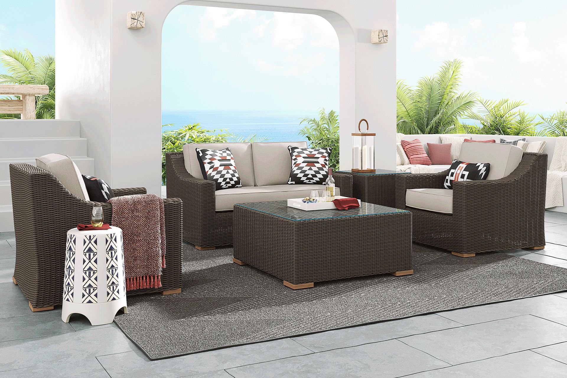 Patmos Brown 4 Pc Outdoor Loveseat Seating Set with Linen Cushions - Image 1