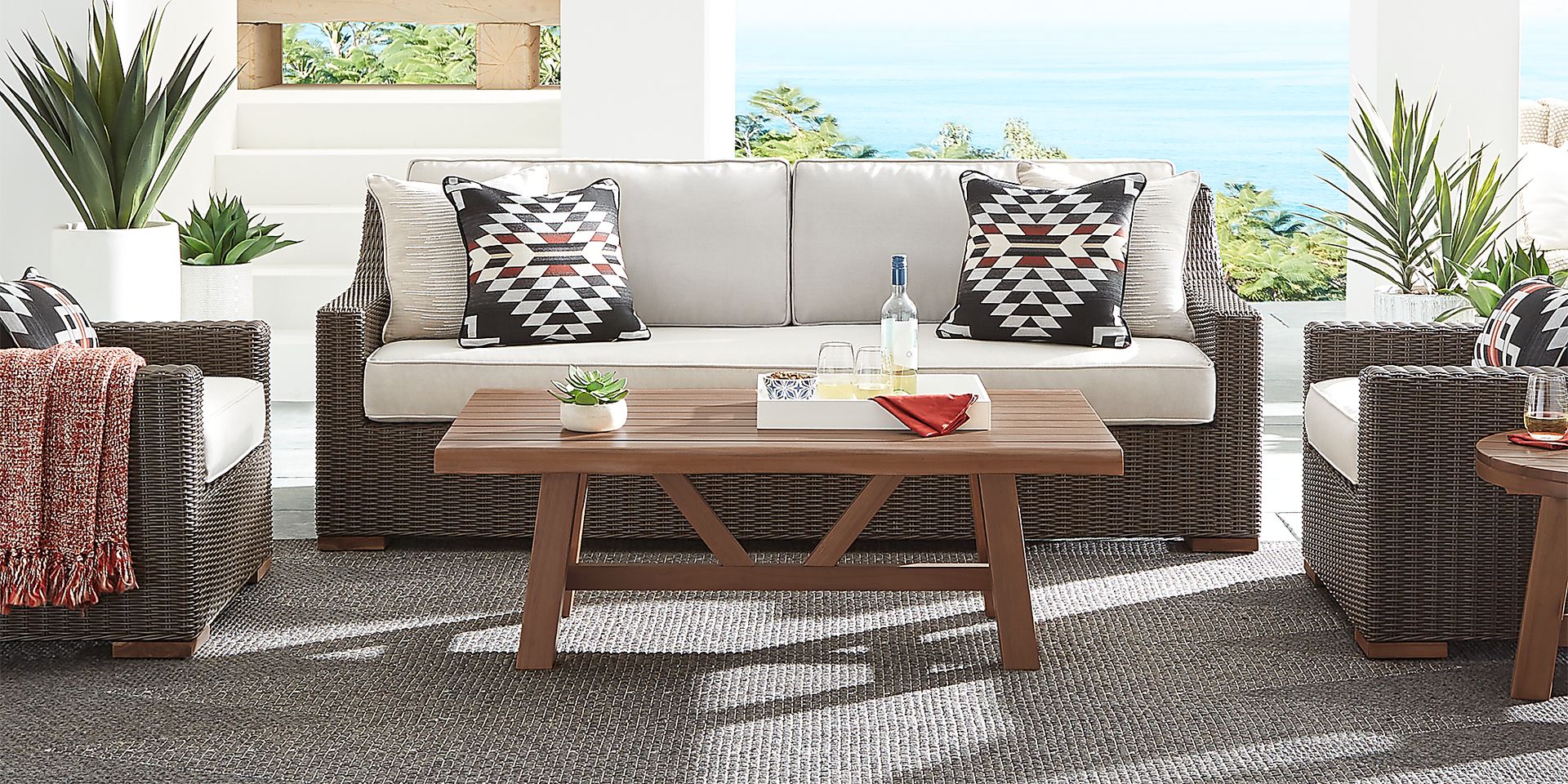 Patmos Brown 4 Pc Outdoor Sofa Seating Set with Linen Cushions - Image 2
