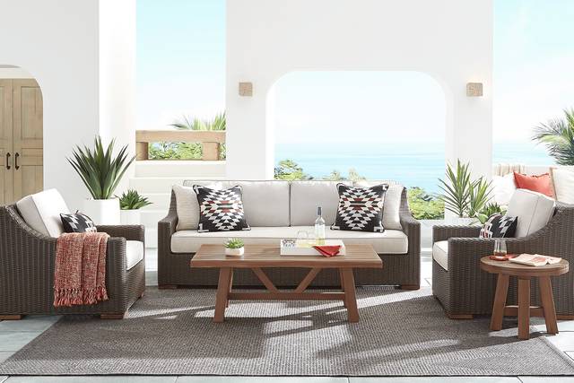 Patmos Brown 4 Pc Outdoor Sofa Seating Set with Linen Cushions - Thumbnail - Image 1