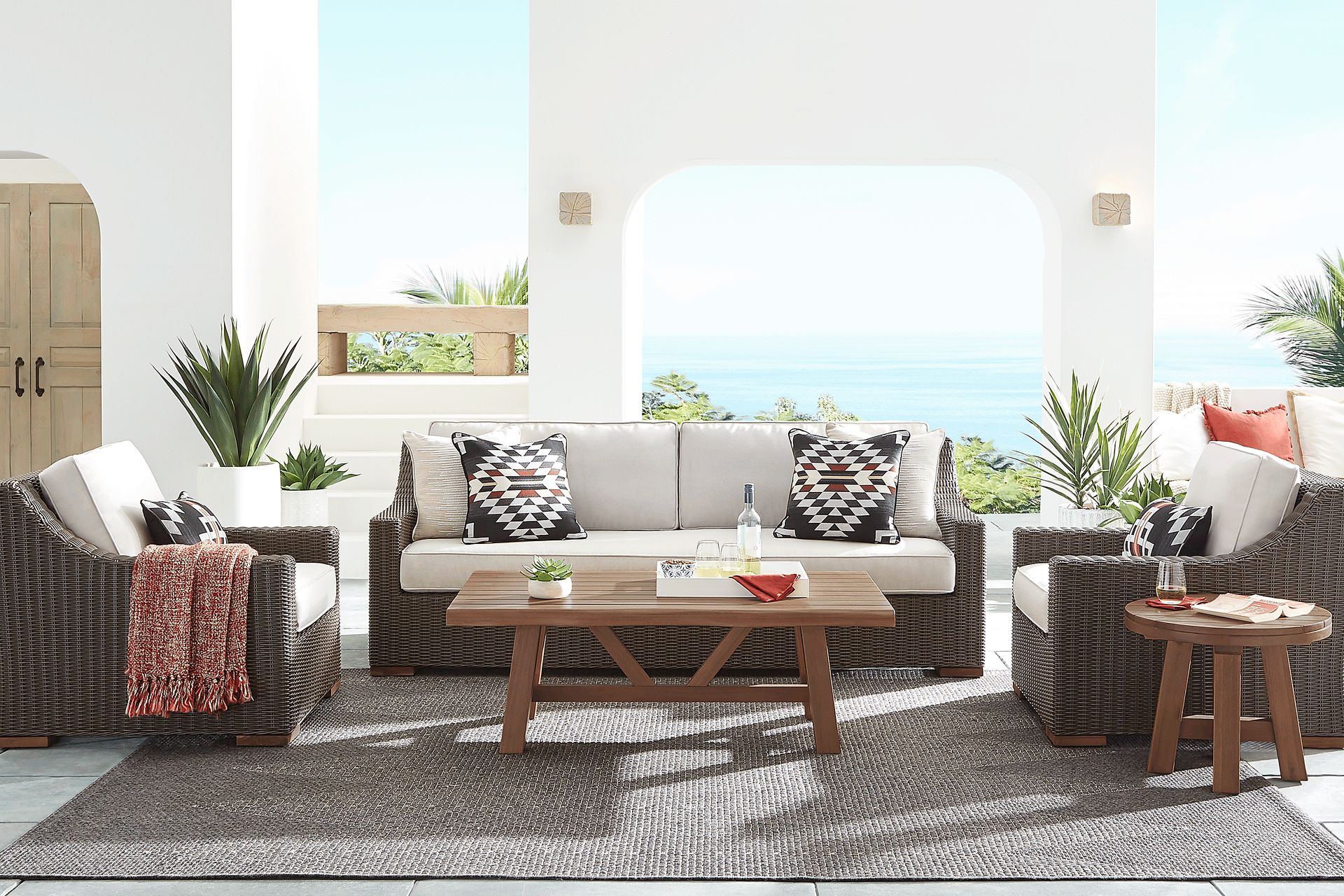 Patmos Brown 4 Pc Outdoor Sofa Seating Set with Linen Cushions - Image 1